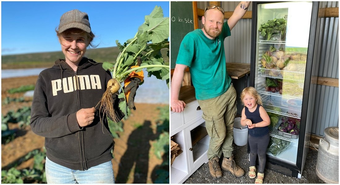 Indíana Þórsteinsdóttir til vinstri og Arnþór bróðir hennar við grænmetiskælinn til hægri ásam dóttu…